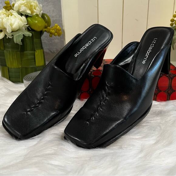 NEW Liz Claiborne Leather Square Toe High Heel Slides Mules Black Sz 7 Y2K NWOB - Picture 1 of 15